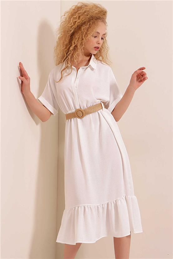 Bigdart 2292 Beyaz Kadın Kemerli Elbise