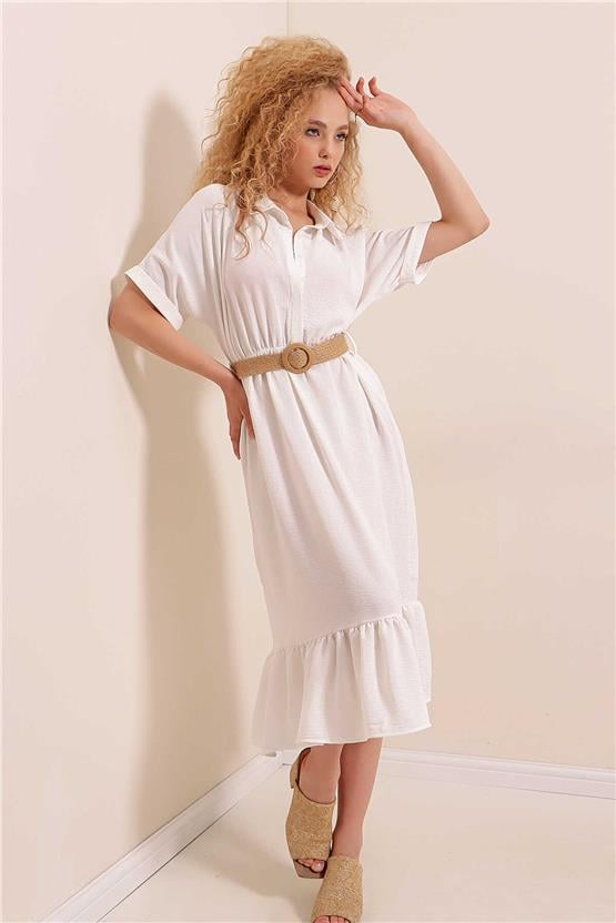 Bigdart 2292 Beyaz Kadın Kemerli Elbise