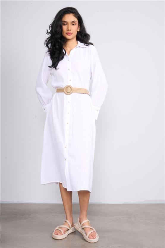 Helly Y25 Fe-2336 Beyaz Kadın Gömlek Yaka Kemerli Midi Elbise