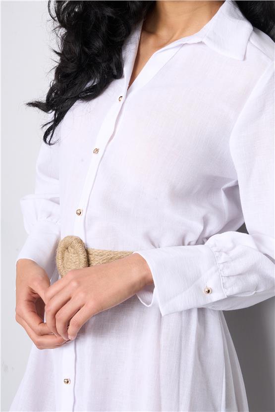 Helly Y25 Fe-2336 Beyaz Kadın Gömlek Yaka Kemerli Midi Elbise