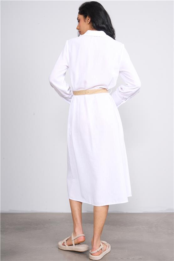 Helly Y25 Fe-2336 Beyaz Kadın Gömlek Yaka Kemerli Midi Elbise