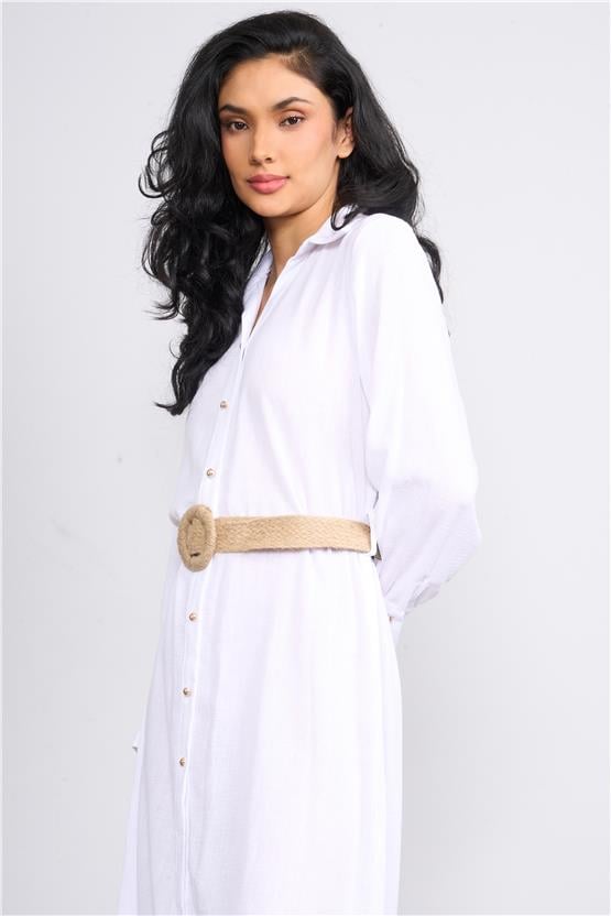 Helly Y25 Fe-2336 Beyaz Kadın Gömlek Yaka Kemerli Midi Elbise