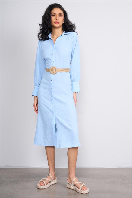 Helly Y25 Fe-2336 Mavi Kadın Gömlek Yaka Kemerli Midi Elbise
