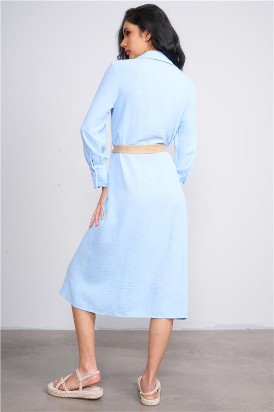 Helly Y25 Fe-2336 Mavi Kadın Gömlek Yaka Kemerli Midi Elbise