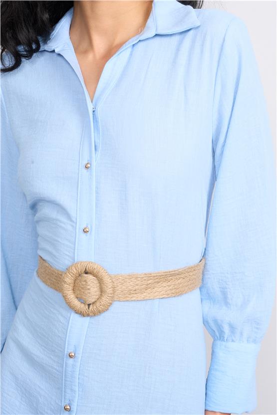 Helly Y25 Fe-2336 Mavi Kadın Gömlek Yaka Kemerli Midi Elbise