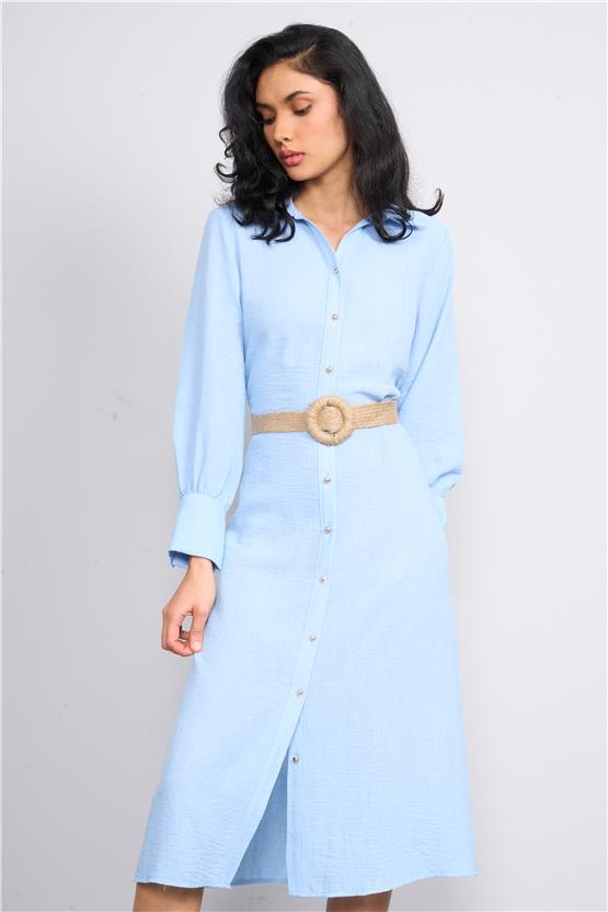 Helly Y25 Fe-2336 Mavi Kadın Gömlek Yaka Kemerli Midi Elbise