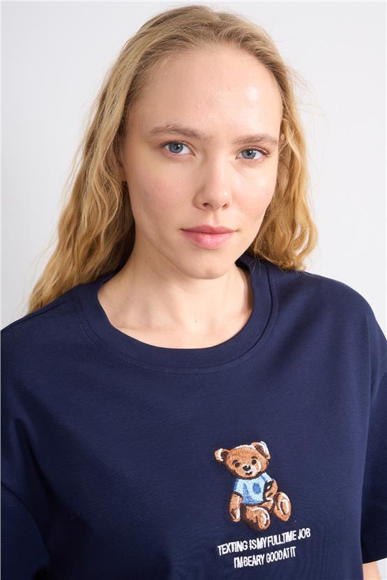 Helly Y25 Mb-5632 Lacivert Kadın Ayıcıklı T-Shirt