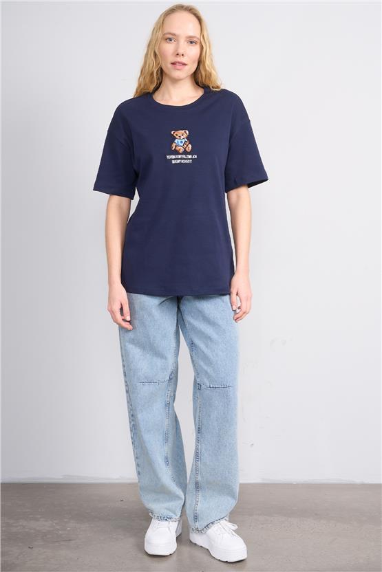 Helly Y25 Mb-5632 Lacivert Kadın Ayıcıklı T-Shirt