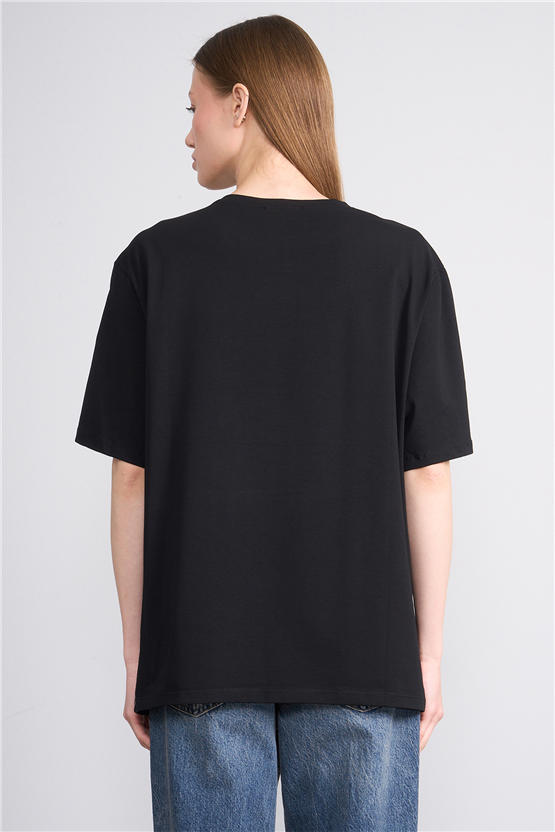Helly Y25 Mb-6056 Siyah Kadın Stockholm Yazı Baskılı T-Shirt