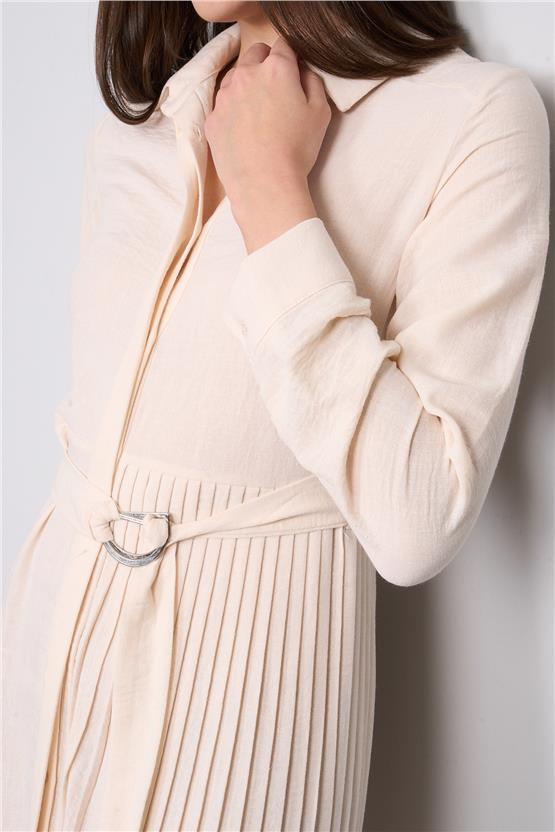 Helly Y25 Me-3863 Bej Kadın Gömlek Yaka Gızlı Patlı Midi Elbise