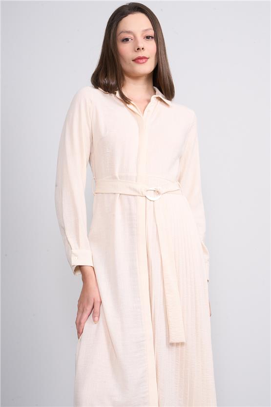 Helly Y25 Me-3863 Bej Kadın Gömlek Yaka Gızlı Patlı Midi Elbise