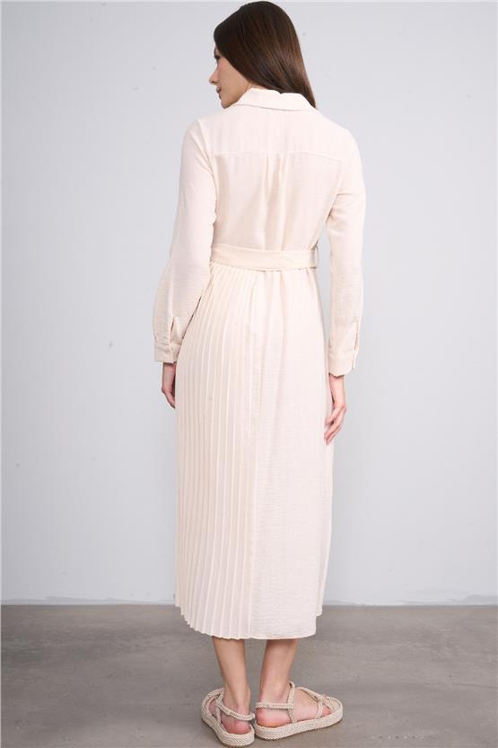 Helly Y25 Me-3863 Bej Kadın Gömlek Yaka Gızlı Patlı Midi Elbise