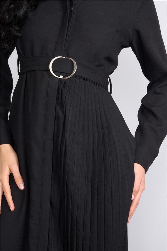 Helly Y25 Me-3863 Siyah Kadın Gömlek Yaka Gızlı Patlı Midi Elbise