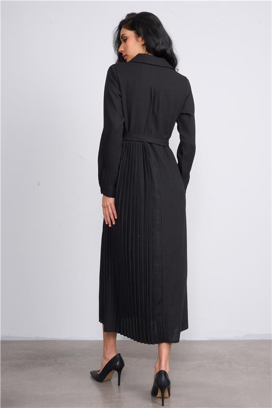 Helly Y25 Me-3863 Siyah Kadın Gömlek Yaka Gızlı Patlı Midi Elbise