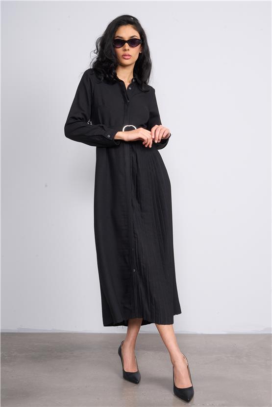 Helly Y25 Me-3863 Siyah Kadın Gömlek Yaka Gızlı Patlı Midi Elbise