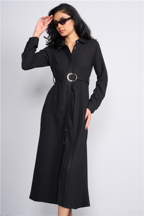 Helly Y25 Me-3863 Siyah Kadın Gömlek Yaka Gızlı Patlı Midi Elbise