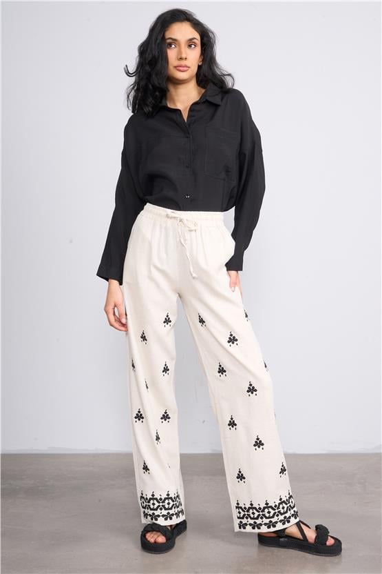 Helly Y25 Mp-4952 Bej Kadın Beli Bağlamalı Desenli Bol Pantolon