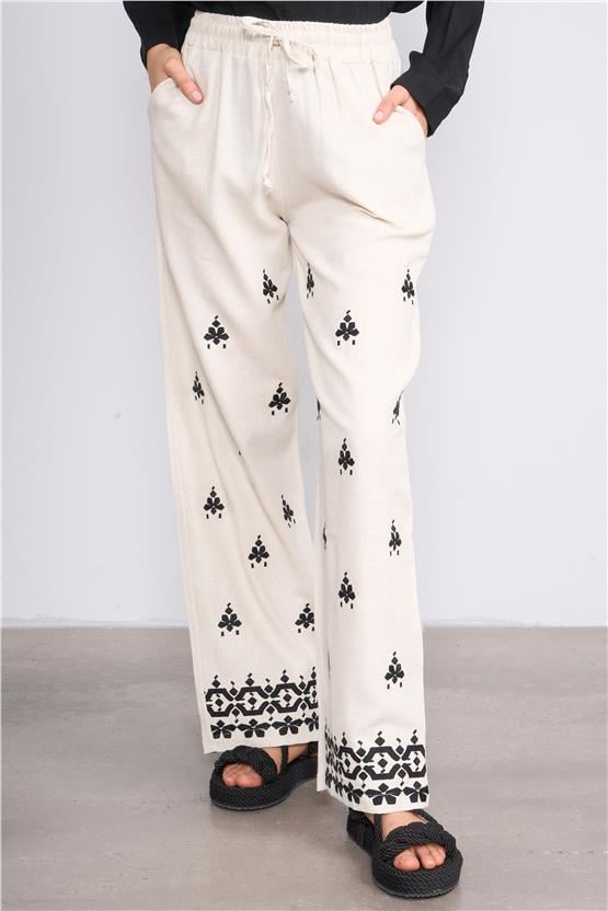 Helly Y25 Mp-4952 Bej Kadın Beli Bağlamalı Desenli Bol Pantolon