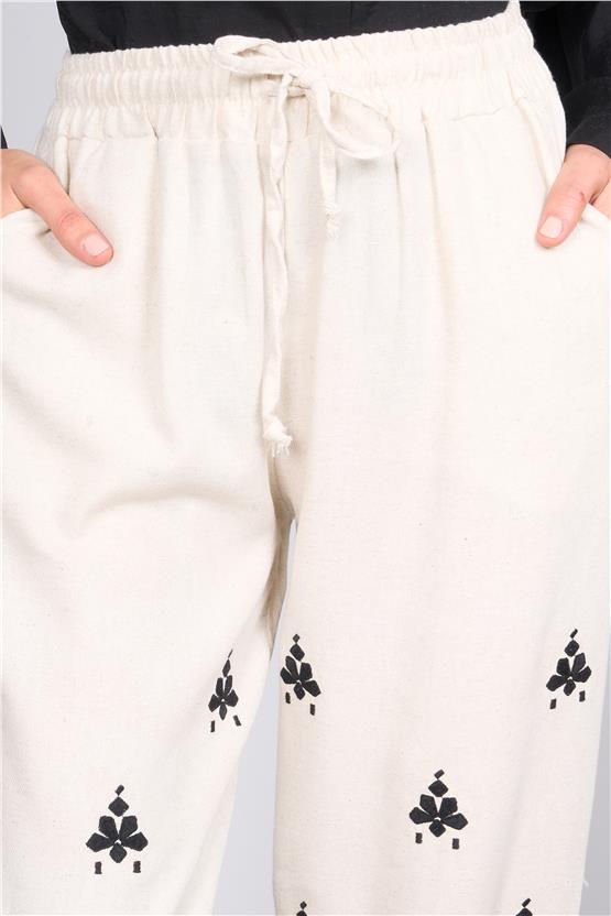 Helly Y25 Mp-4952 Bej Kadın Beli Bağlamalı Desenli Bol Pantolon