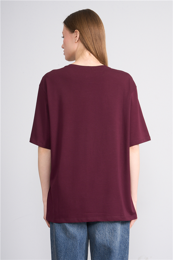Helly Y26 Mb-6056 Bordo Kadın Stockholm Yazı Baskılı T-Shirt