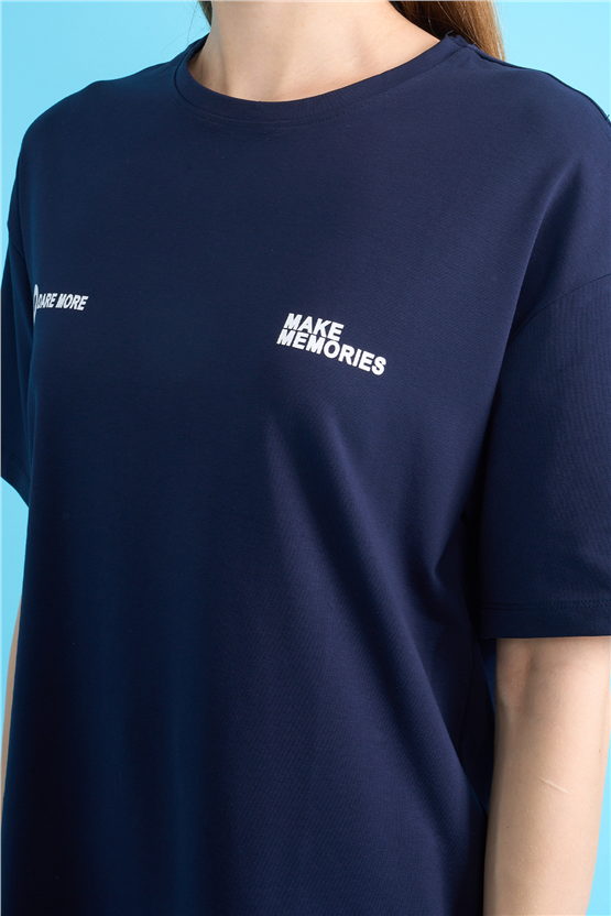 Helly Y26 Mb-7897 Lacivert Kadın Yazılı T-Shirt S-Xl