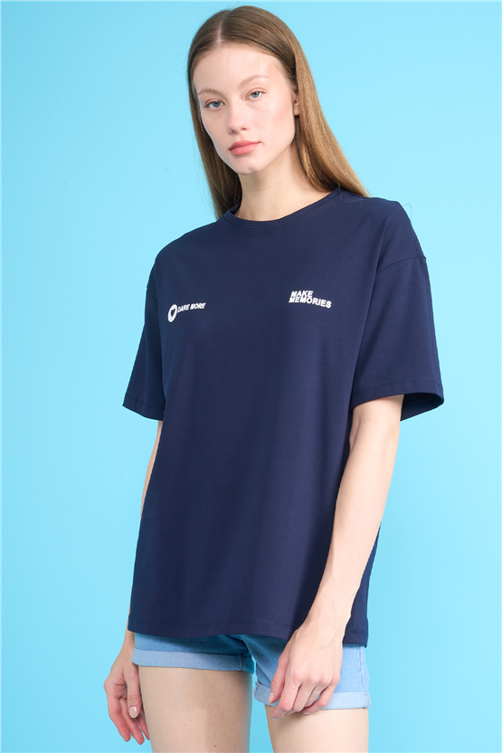 Helly Y26 Mb-7897 Lacivert Kadın Yazılı T-Shirt S-Xl