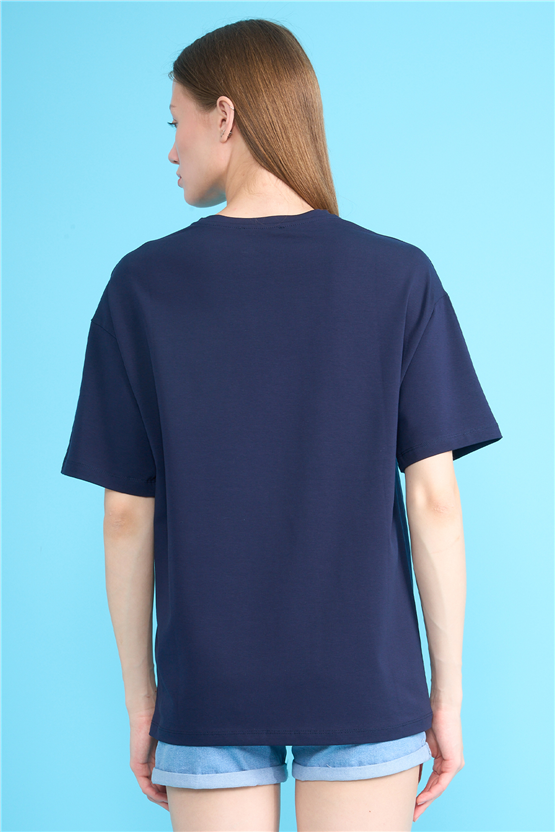 Helly Y26 Mb-7897 Lacivert Kadın Yazılı T-Shirt S-Xl