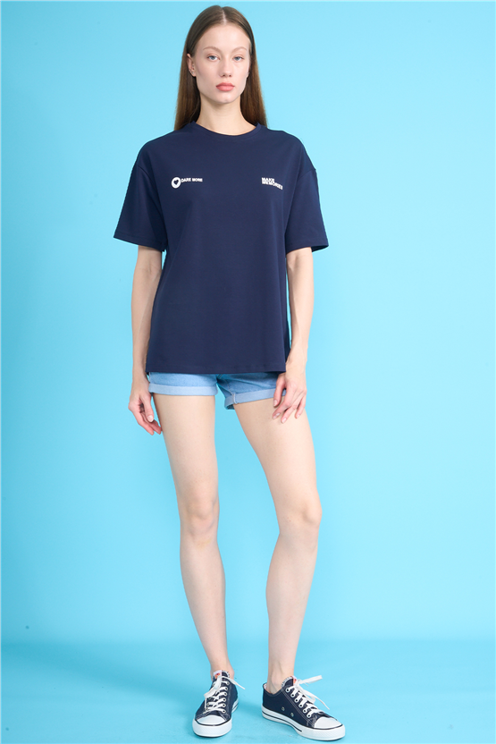 Helly Y26 Mb-7897 Lacivert Kadın Yazılı T-Shirt S-Xl