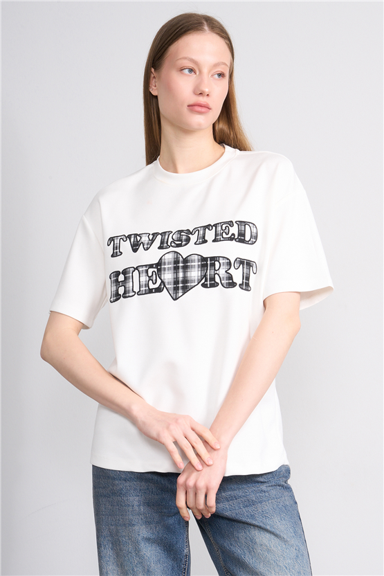 Helly Y26 Mb-8457 Ekru Kadın Yazılı T-Shirt S-Xl