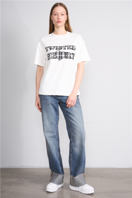 Helly Y26 Mb-8457 Ekru Kadın Yazılı T-Shirt S-Xl