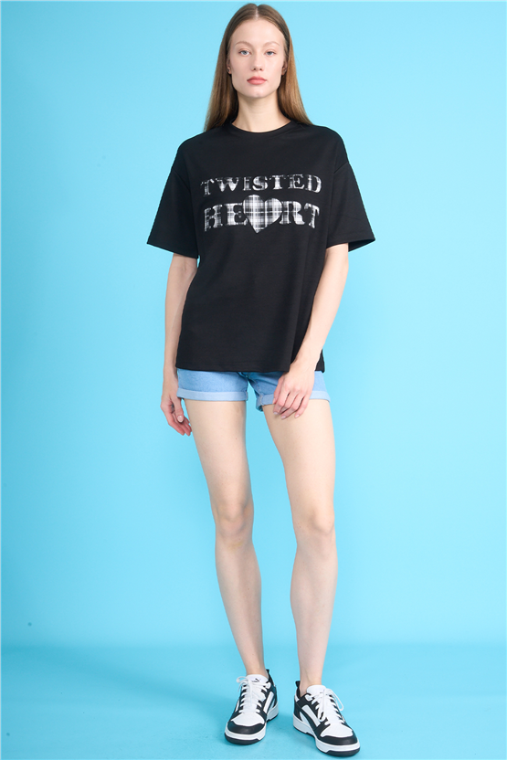 Helly Y26 Mb-8457 Siyah Kadın Yazılı T-Shirt S-Xl