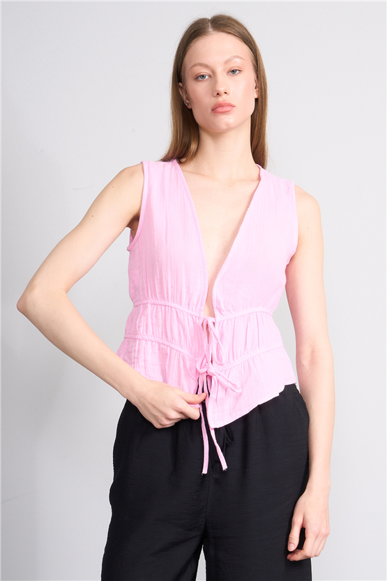 Helly Y26 My-7082 Pembe Kadın Müslin Kolsuz Bluz S-Xl