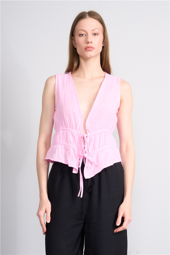 Helly Y26 My-7082 Pembe Kadın Müslin Kolsuz Bluz S-Xl
