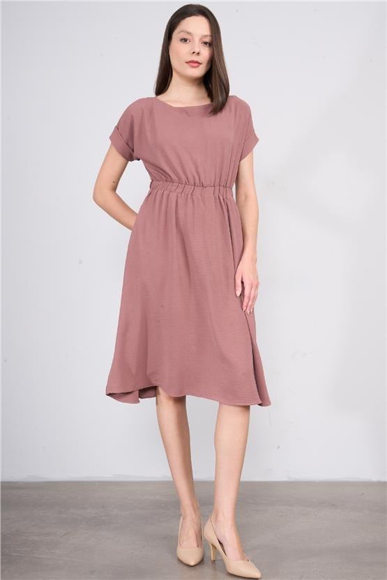 Hisset D49037 Açık Gül Kurusu Kadın Ayrobin Beli Lastikli Elbise