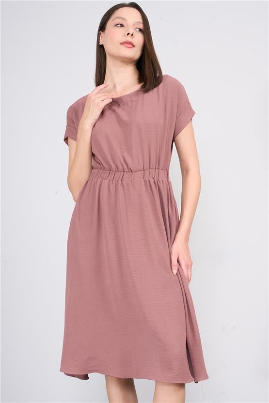 Hisset D49037 Açık Gül Kurusu Kadın Ayrobin Beli Lastikli Elbise