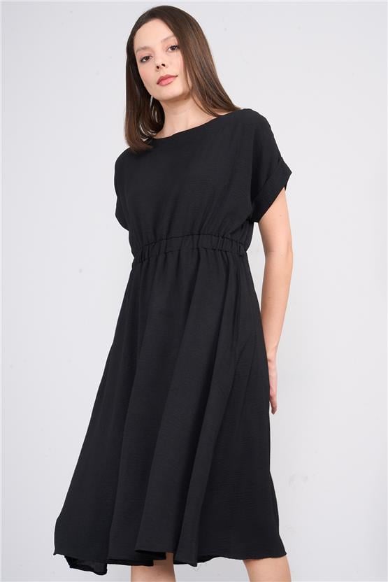 Hisset D49037 Siyah Kadın Ayrobin Beli Lastikli Elbise