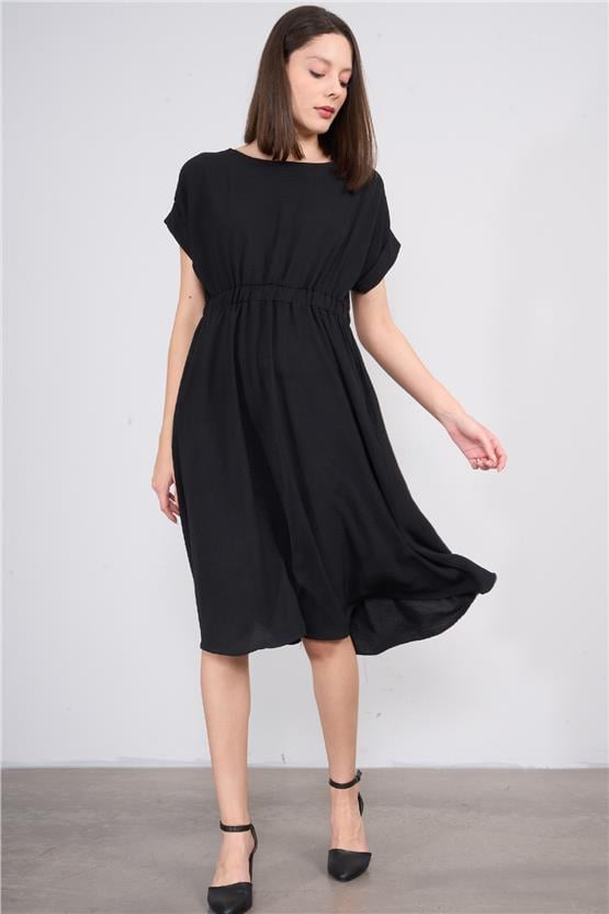 Hisset D49037 Siyah Kadın Ayrobin Beli Lastikli Elbise