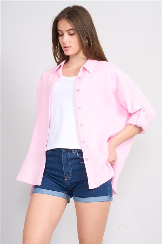 Hisset Y26 Gt1024 Pembe Kadın Müslin Arkası Pileli Gömlek 38-44