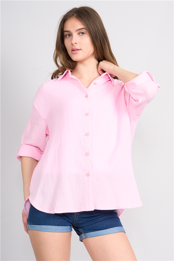 Hisset Y26 Gt1024 Pembe Kadın Müslin Arkası Pileli Gömlek 38-44