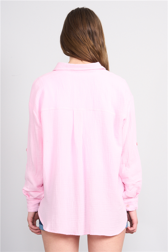 Hisset Y26 Gt1024 Pembe Kadın Müslin Arkası Pileli Gömlek 38-44