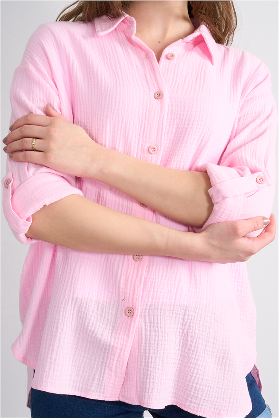 Hisset Y26 Gt1024 Pembe Kadın Müslin Arkası Pileli Gömlek 38-44