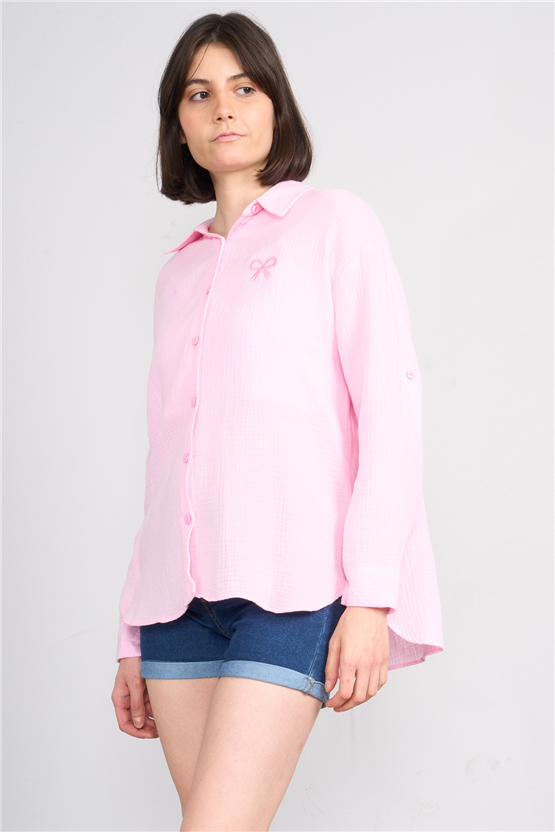 Hisset Y26 Gt1128 Pembe Kadın Kurdelelı Müslin Gömlek 38-44