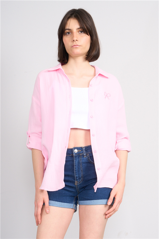 Hisset Y26 Gt1128 Pembe Kadın Kurdelelı Müslin Gömlek 38-44