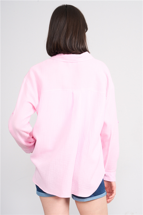 Hisset Y26 Gt1128 Pembe Kadın Kurdelelı Müslin Gömlek 38-44