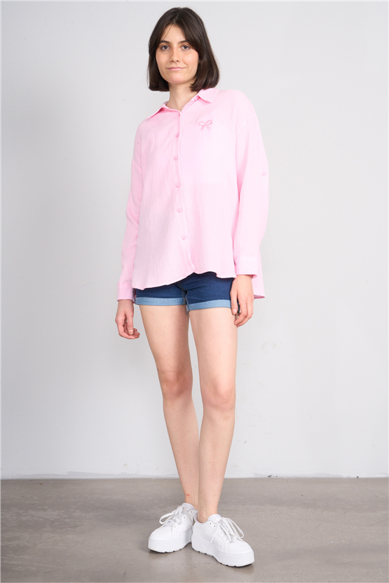 Hisset Y26 Gt1128 Pembe Kadın Kurdelelı Müslin Gömlek 38-44