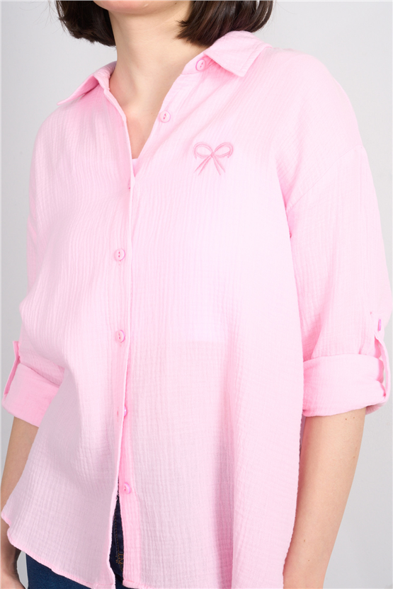 Hisset Y26 Gt1128 Pembe Kadın Kurdelelı Müslin Gömlek 38-44