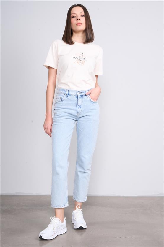 İkoll 0029857 028 Mavi Kadın Pamuk Mom Jean Pantolon