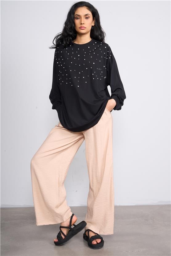 İkoll 0033013 Siyah Kadın Taş Cakımlı Modal S-Shırt