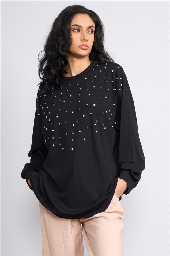 İkoll 0033013 Siyah Kadın Taş Cakımlı Modal S-Shırt