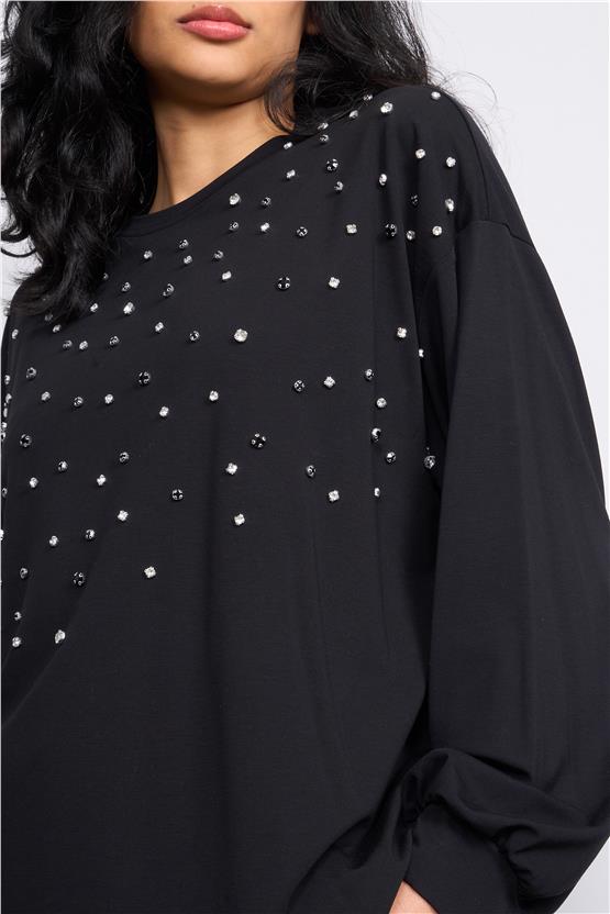 İkoll 0033013 Siyah Kadın Taş Cakımlı Modal S-Shırt